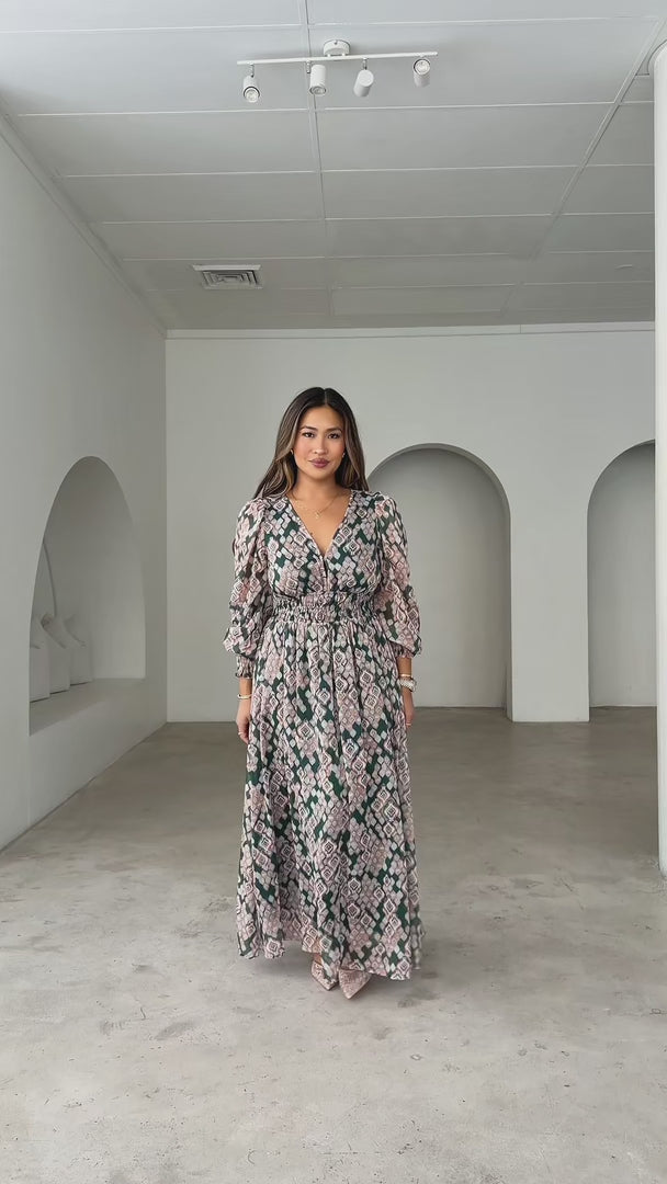 Monique Long Sleeve Maxi Dress - Emerald Gold Print