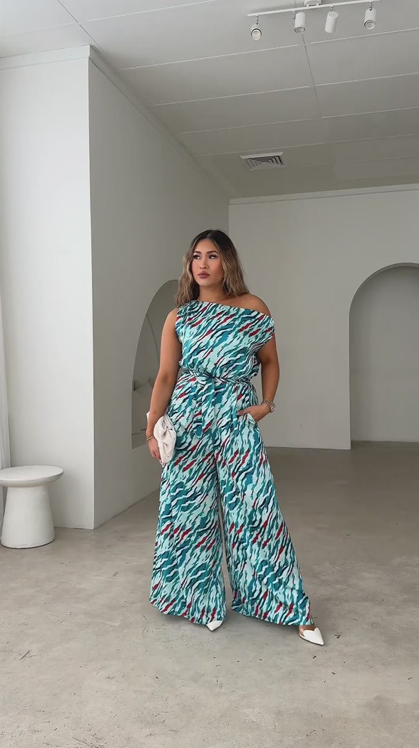 Kendrix Wide Leg Jumpsuit - Teal Blue Print