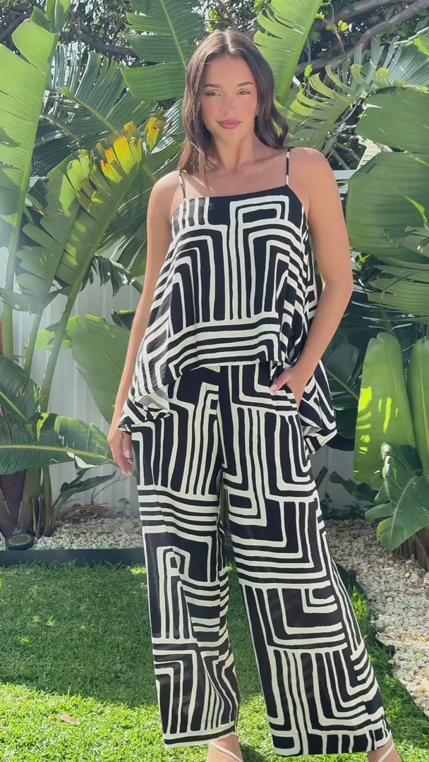 Saffron Wide Leg Pants - Black Cream Print