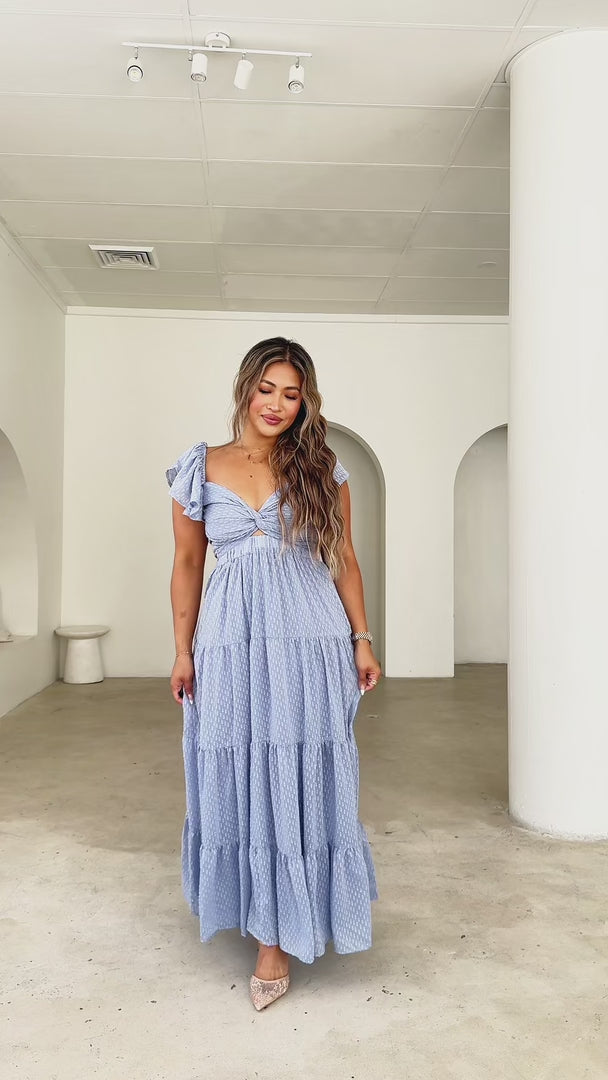 Odessey Tie Up Back Maxi Dress - Dusty Blue Texture