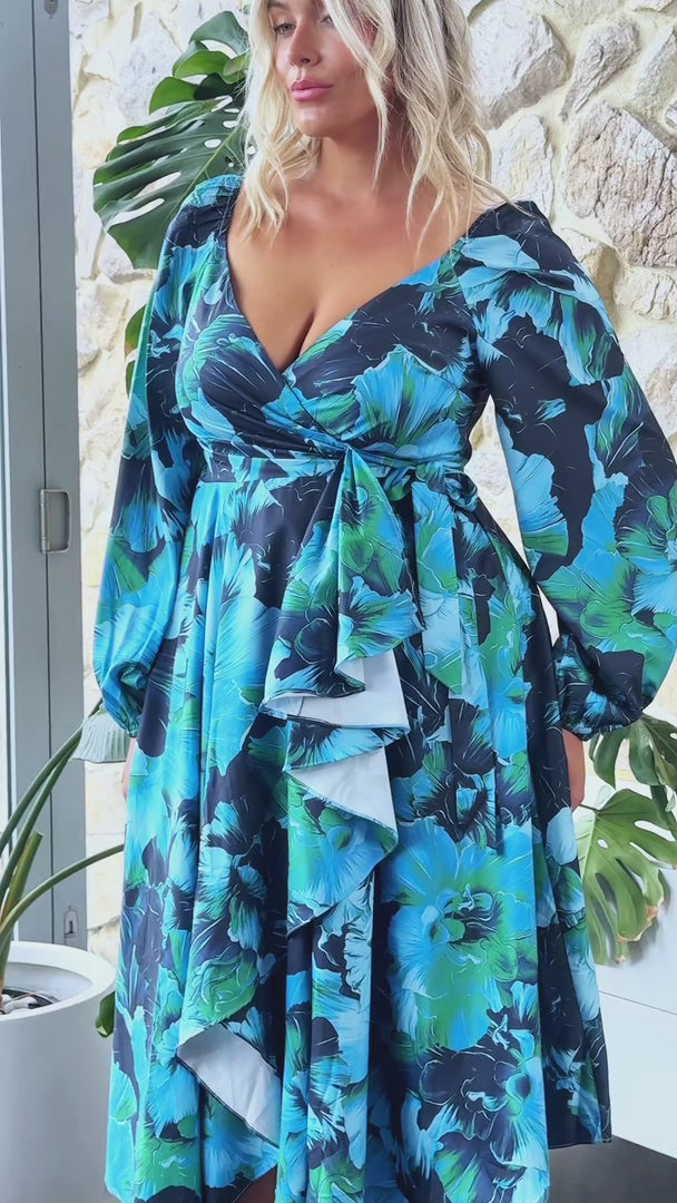 Rossetti Long Sleeve Wrap Maxi Dress - Blue Green Floral
