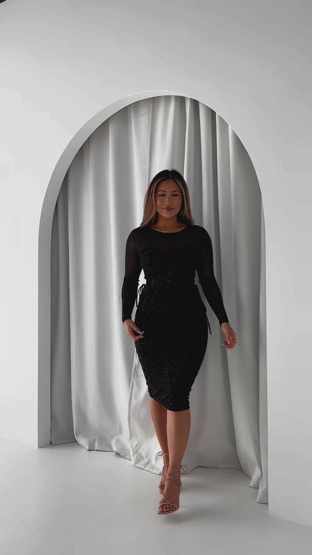 Before You Go Long Sleeve Mesh Dress- Black Metallic Glitter