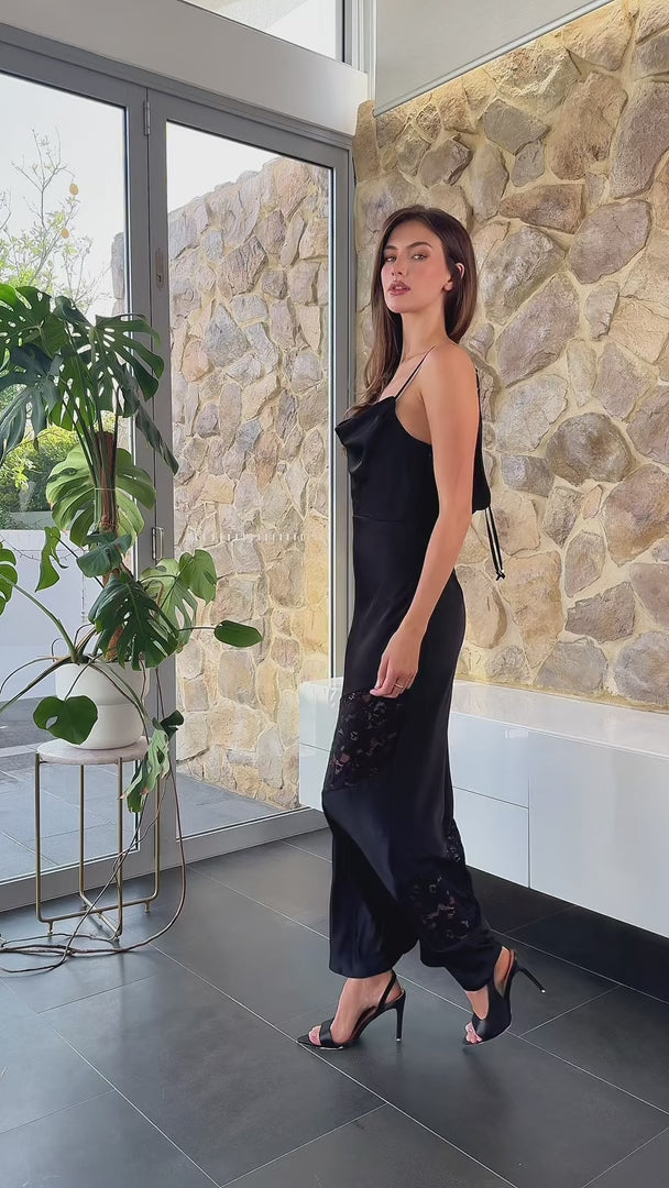 Delphine Diagonal Lace Panel Maxi Dress - Black