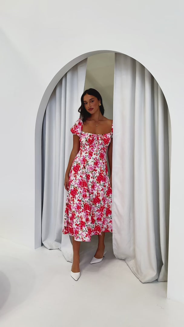 Kiaya Midi Dress - Red Pink Floral