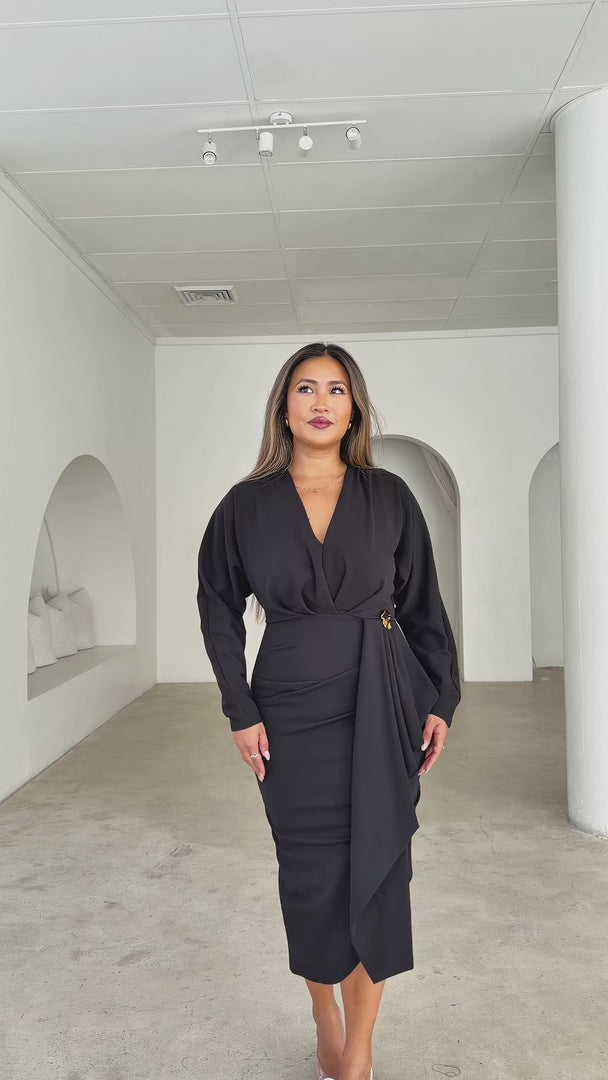 Indra Long Sleeve Midi Dress - Black