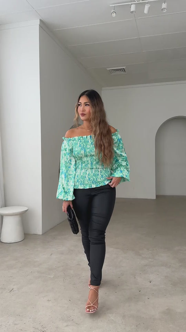 Alicia Top - Green Blue Print