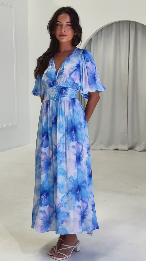 Monique Puff Sleeve Maxi Dress - Blue Floral