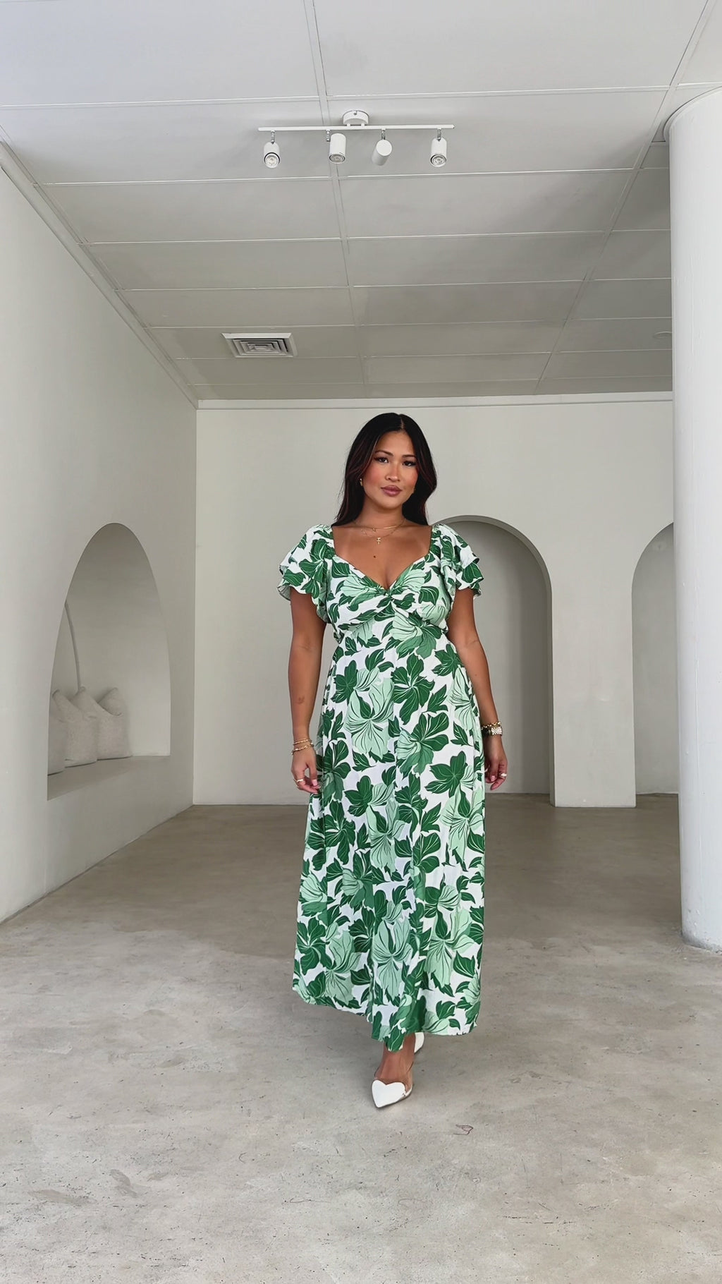 In The Sky Maxi Dress - White Green Leaf