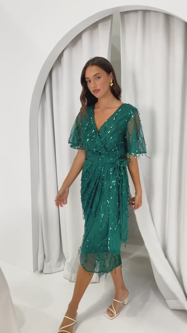 Fireworks Sequin Midi Dress - Emerald
