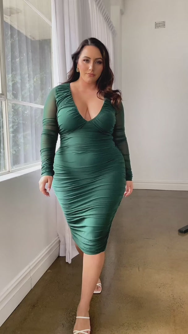 Melody Long Sleeve Mesh Midi Dress - Emerald