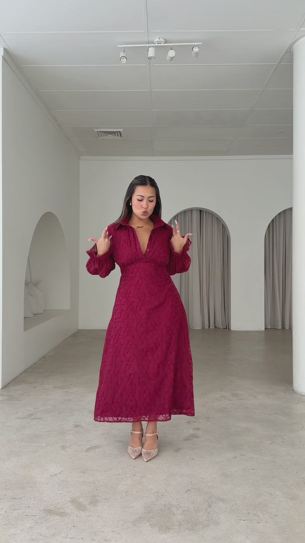 Gabbie Long Sleeve Maxi Dress - Wine Floral Texture