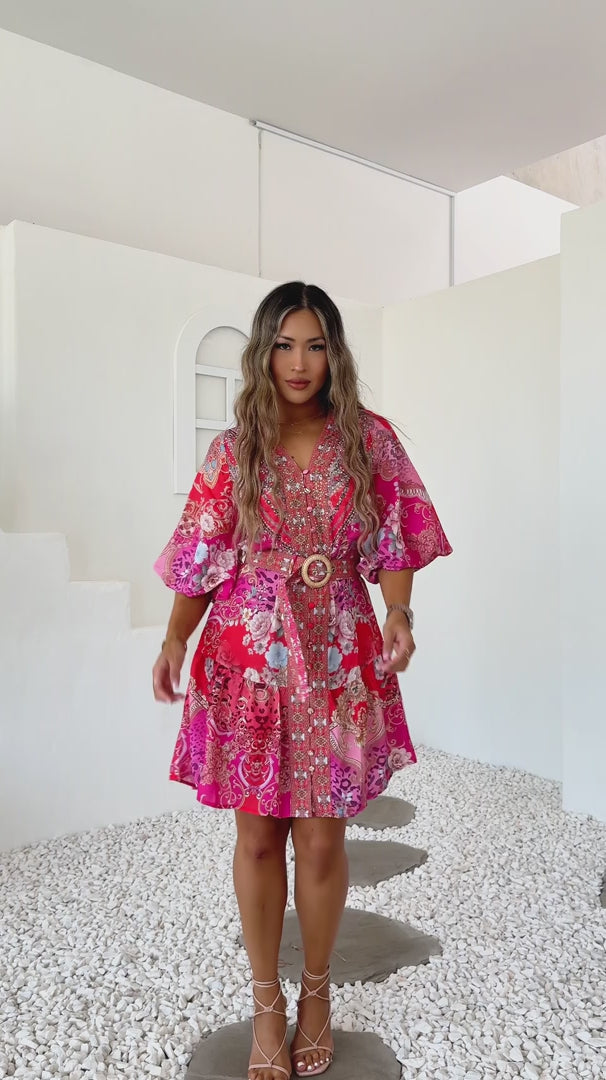 Gemini Gem Embellished Dress - Red Pink Multi Print