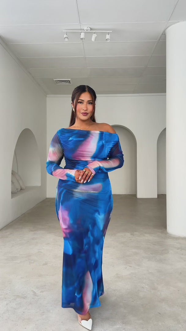 Mercaddo Mesh Maxi Dress - Blue Multi Abstract Print