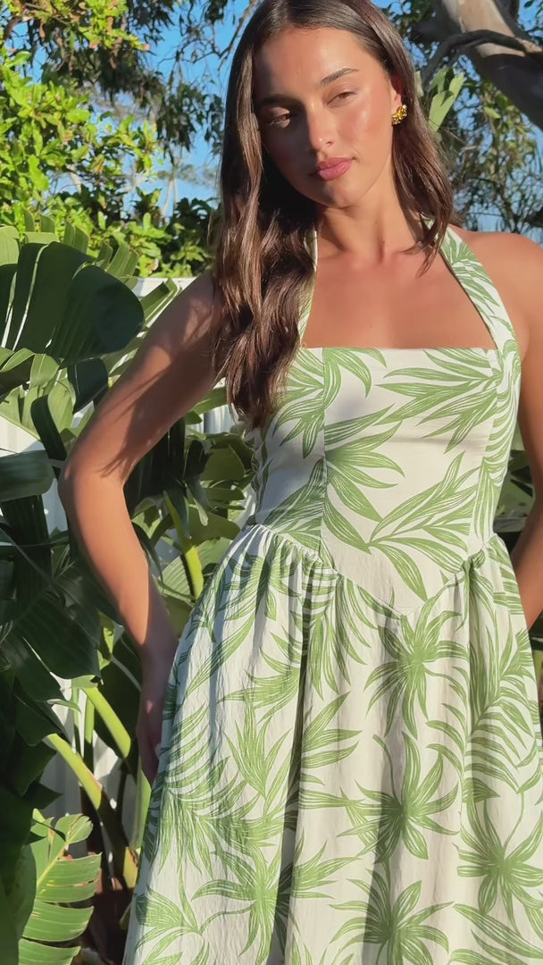 Lyra Maxi Dress - Green Leaf Print