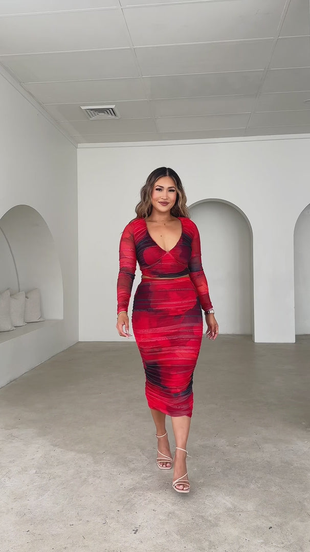 Melody Mesh Midi Skirt - Red Black Abstract Print