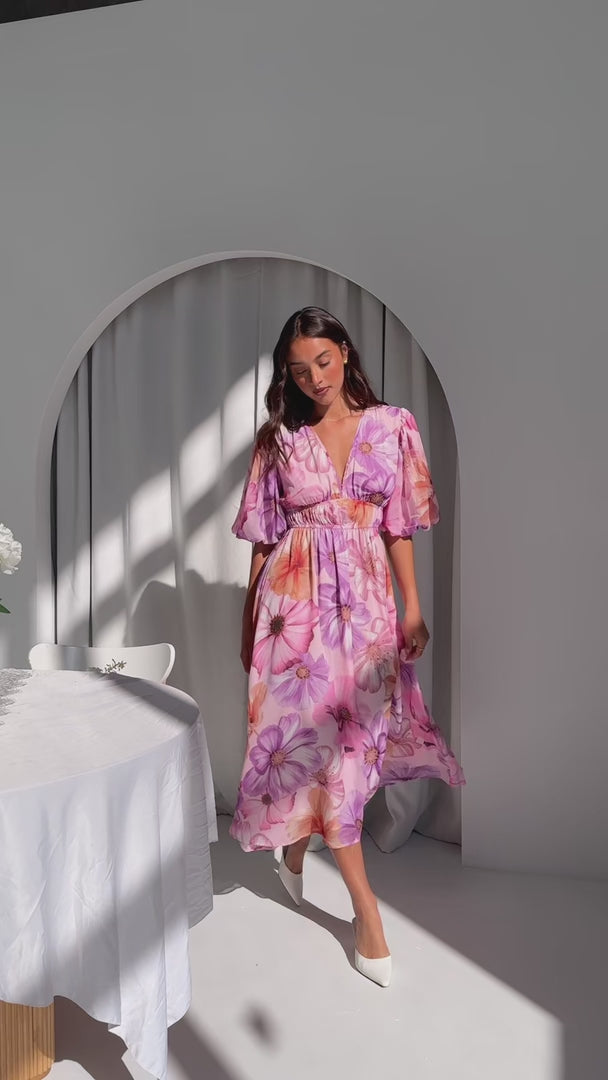 Diana Short Sleeve Maxi Dress - Pink Lilac Floral