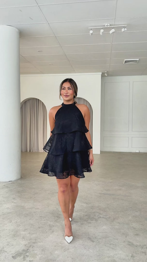 Alice Mini Dress - Black Leaf Texture