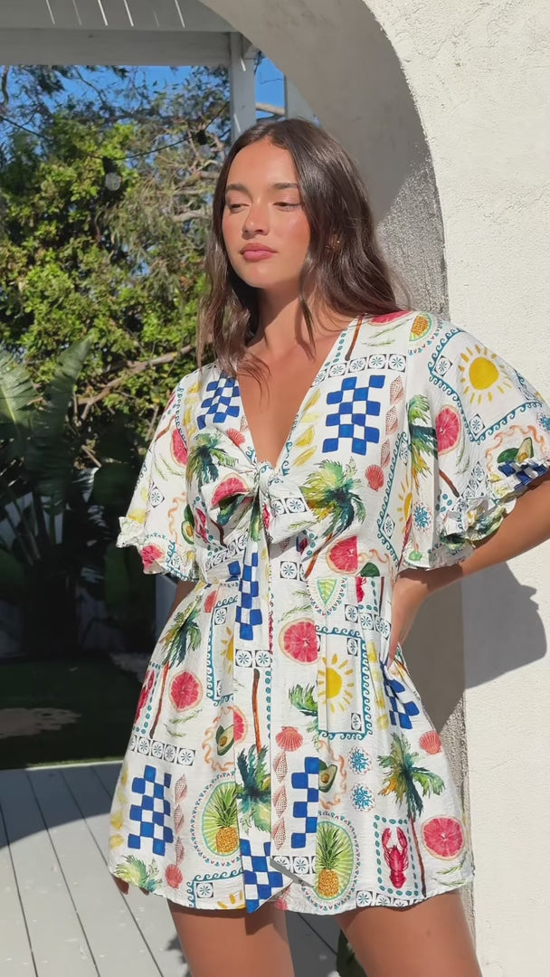 Tessa Playsuit - White Summer Holiday Print