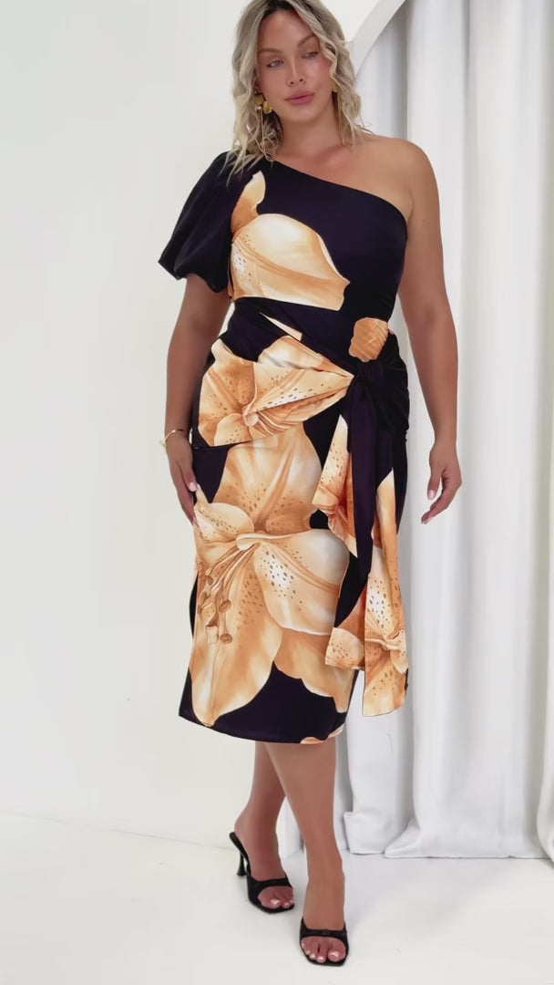 Damita Midi Dress - Black Orange Floral