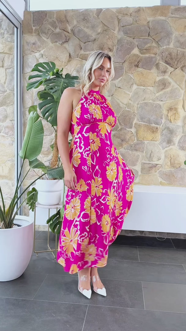 Zariko Maxi Dress - Hot Pink Orange Floral