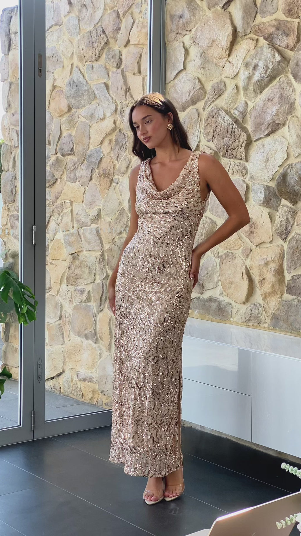 Schiffer Maxi Dress - Beige Rose Gold Sequin