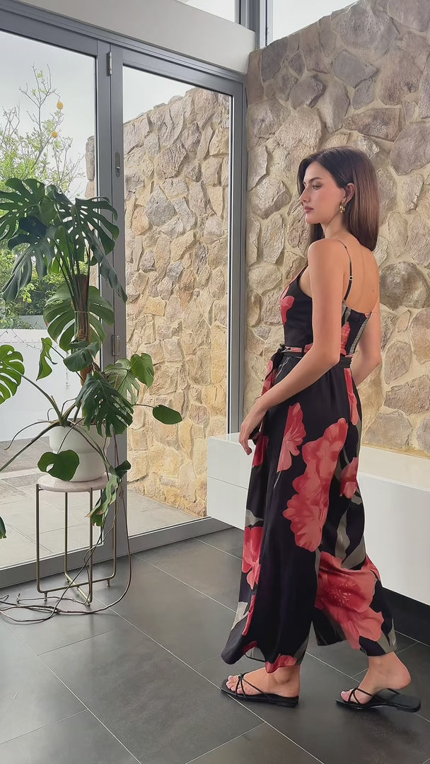 Fierra Wide Leg Jumpsuit - Black Orange Floral