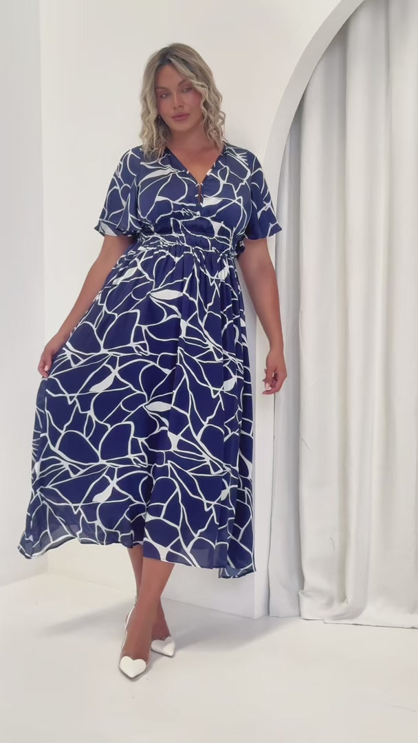 Monique Flutter Sleeve Maxi Dress - Navy Abstract Print