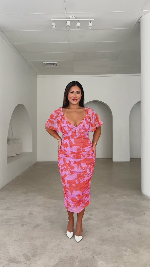 Miley Midi Dress - Orange Pink Print Texture