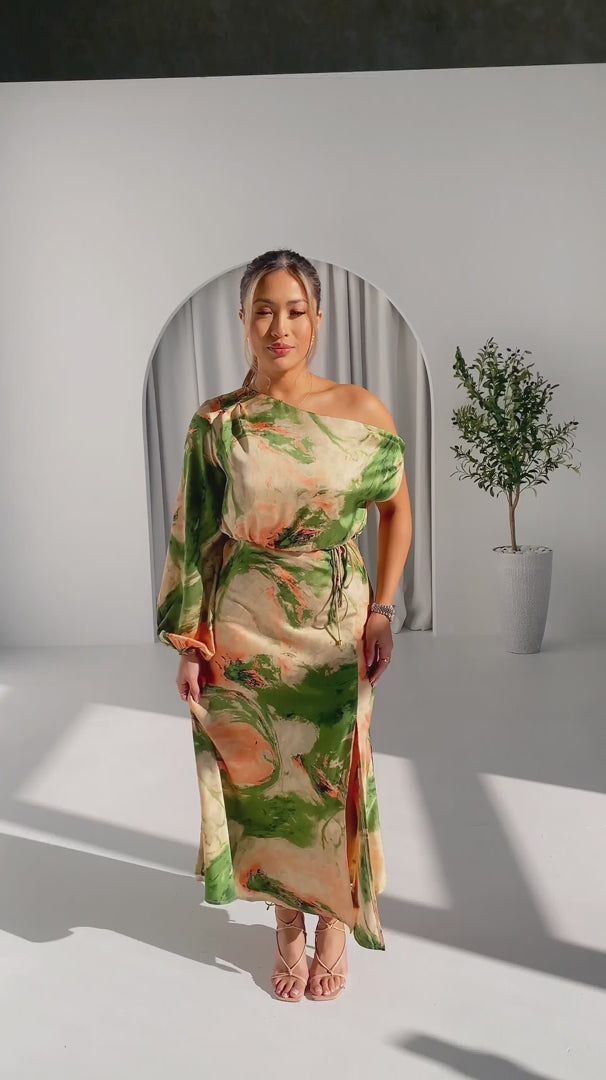 Martisha Long Sleeve Maxi Dress - Green Peach Multi Print