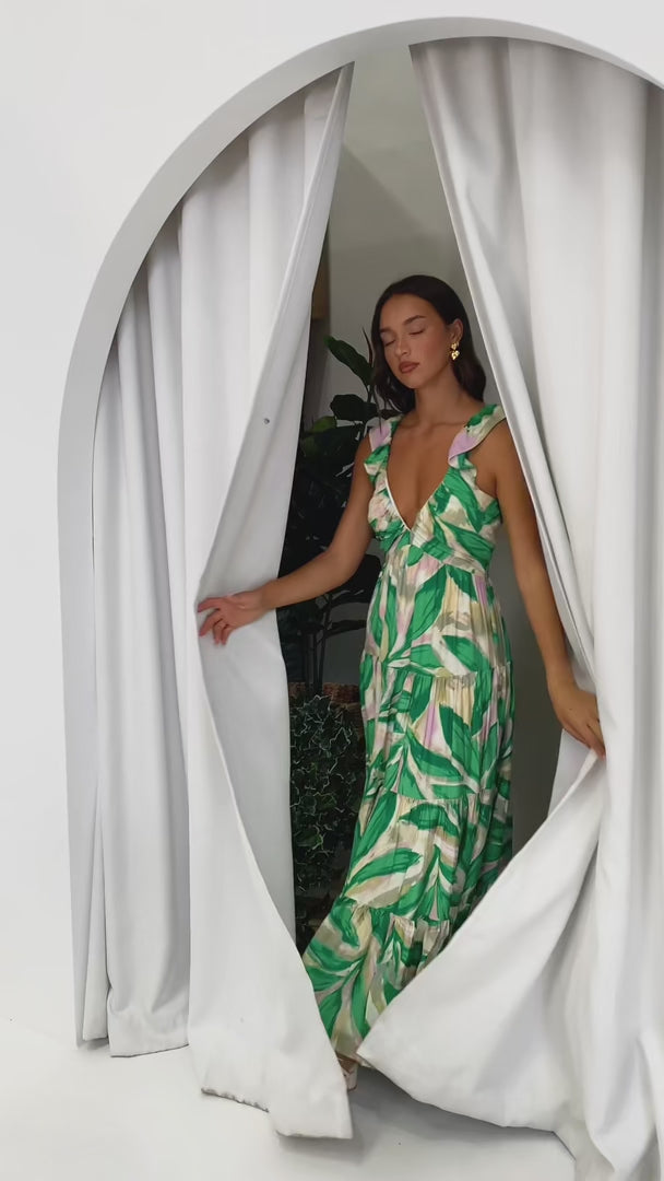 Polly Maxi Dress - Green Beige Multi Print