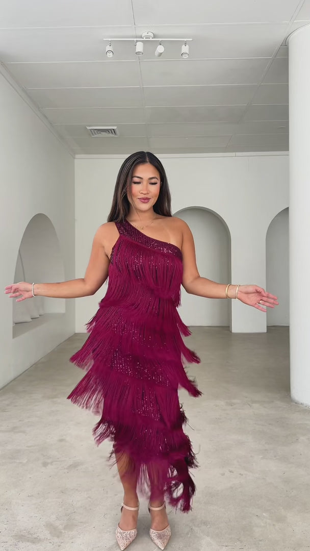 Gatsby Fringe Tassel Midi Dress - Wine Sequin