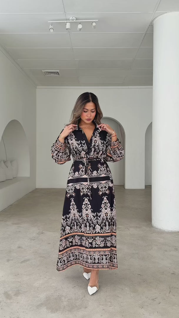 Nami Long Sleeve Maxi Dress - Black Orange Print