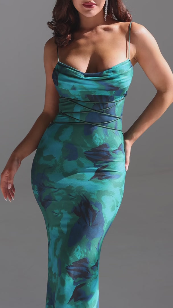 Lizzie Mesh Maxi Dress - Green Blue Print