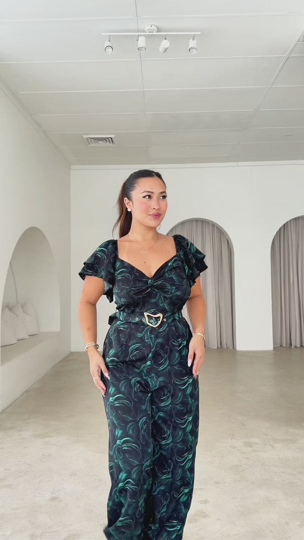 Harley Belted Wide Leg Jumpsuit - Black Green Floral