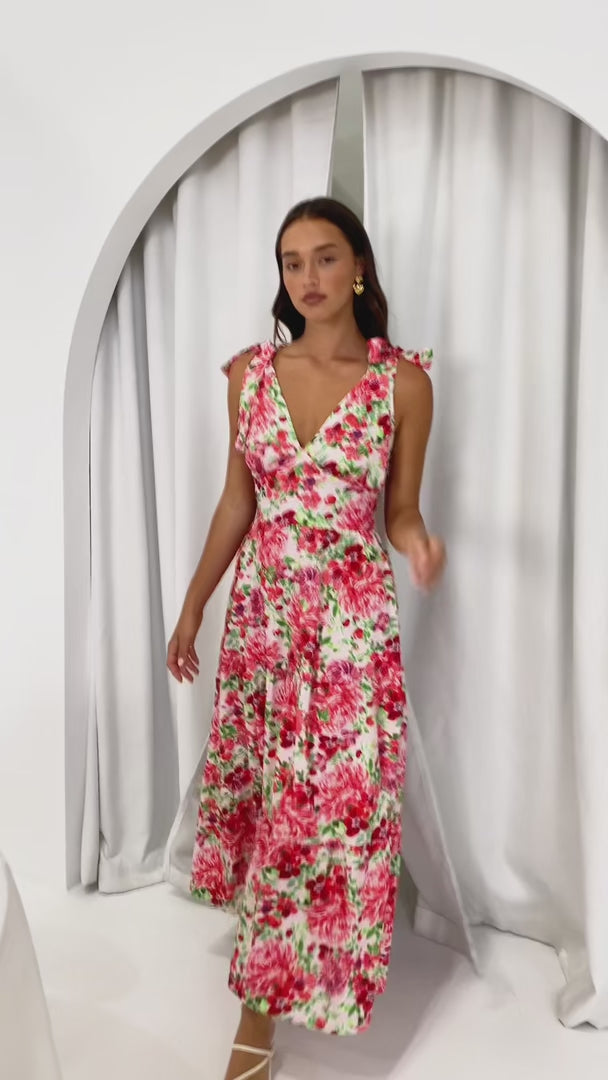 Aretha Tie Up Strap Maxi Dress - Pink Red Floral