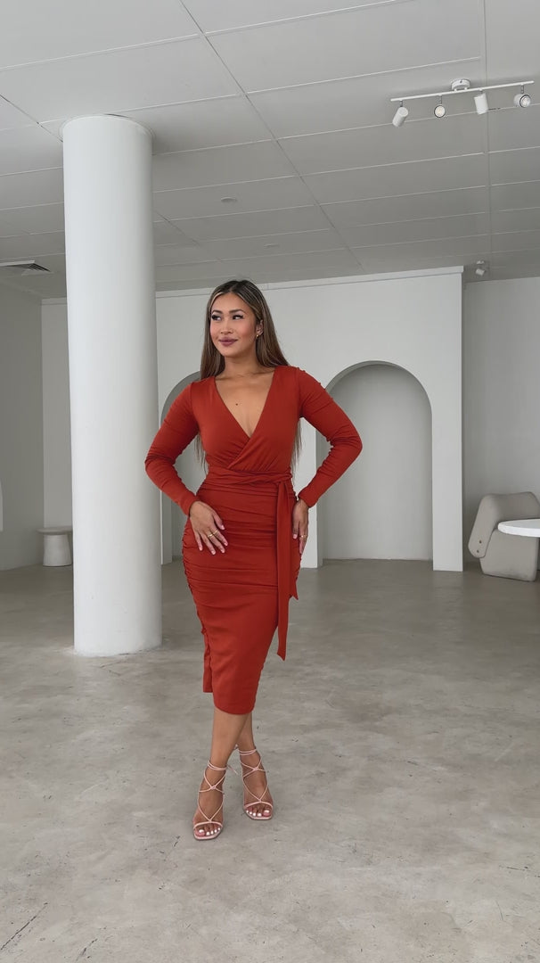 Aston Long Sleeve Midi Dress - Rust