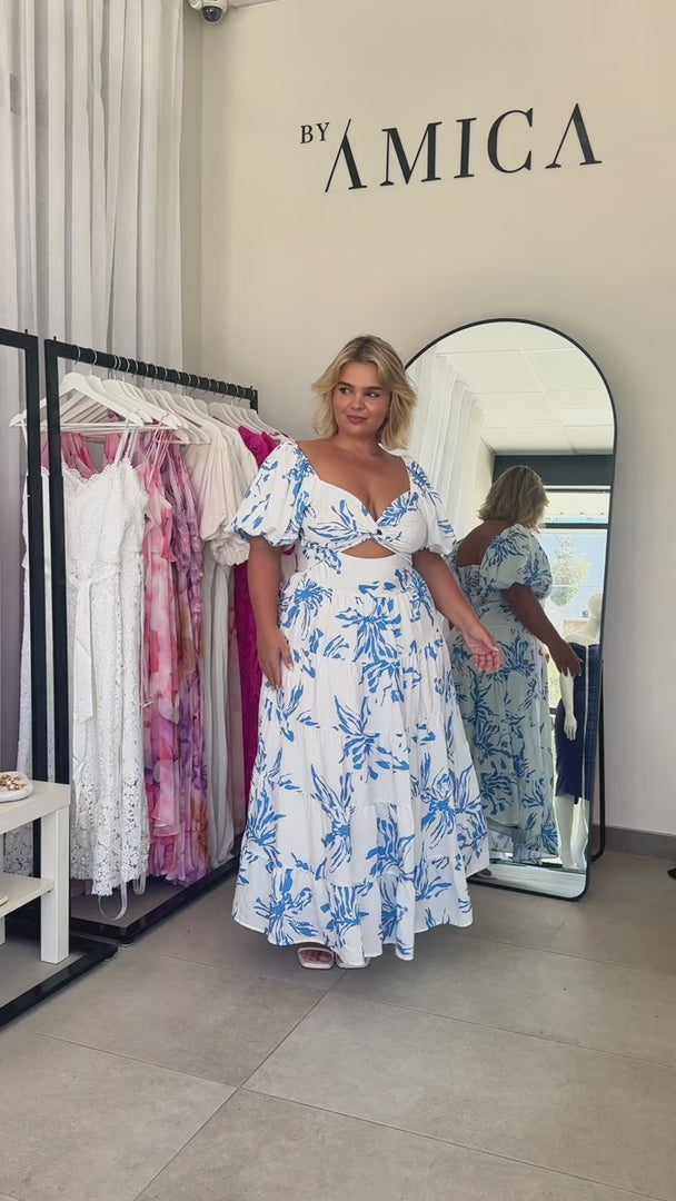 Bretta Maxi Dress - White Blue Print