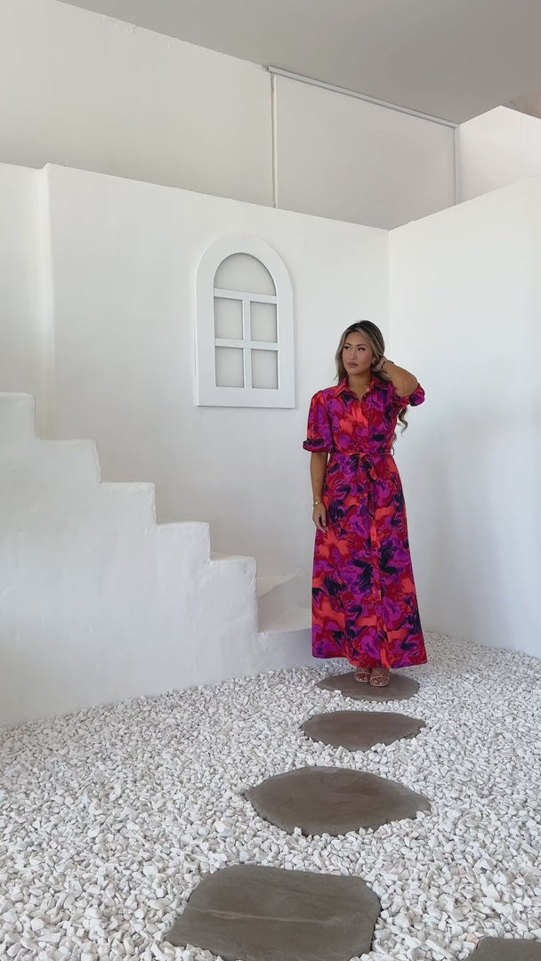 Augustine Short Sleeve Maxi Dress - Red Multi Print