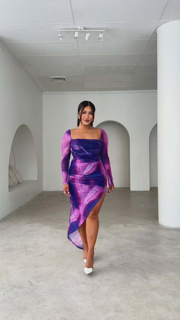 Rumi Mesh Maxi Dress - Purple Abstract Print