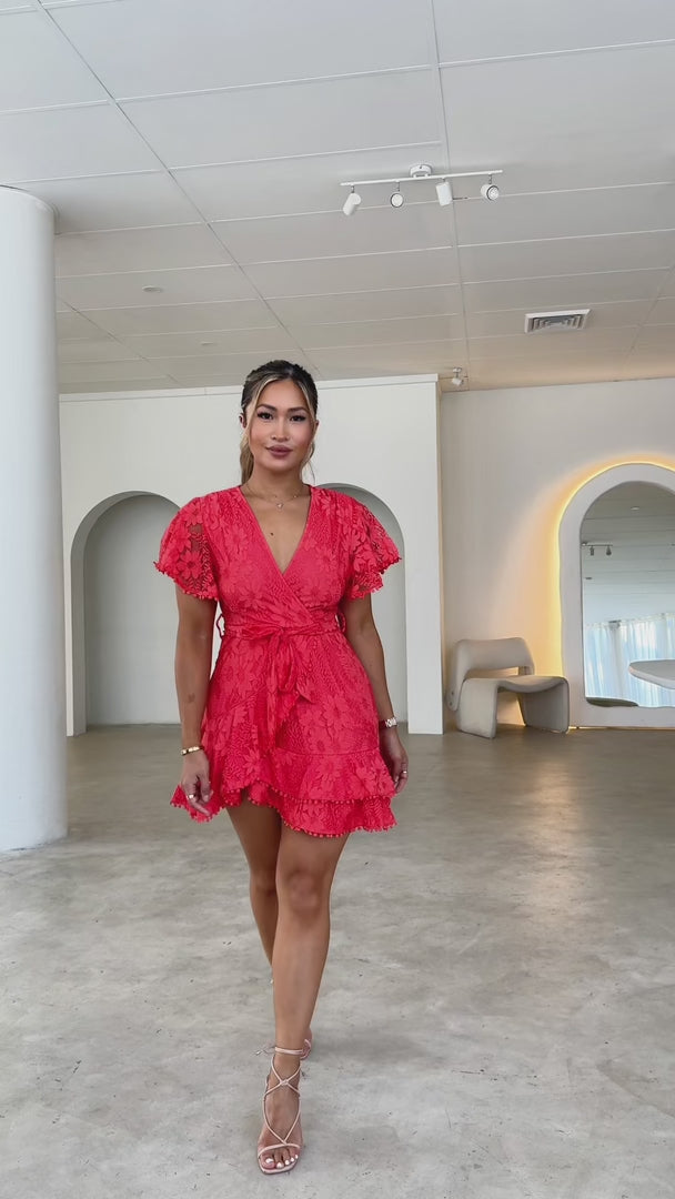 Noela Faux Wrap Lace Mini Dress - Red Orange