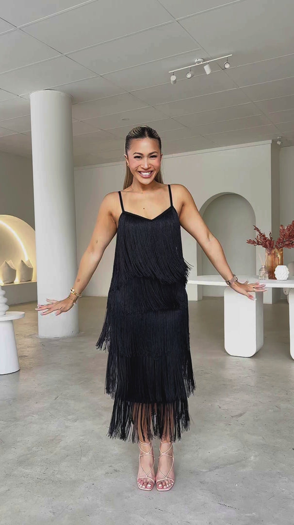 You Found Me Fringe Tassel Maxi Dress - Black