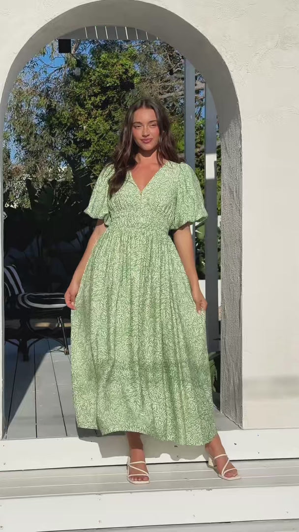 Monique Puff Sleeve Maxi Dress - Green Leaf Print