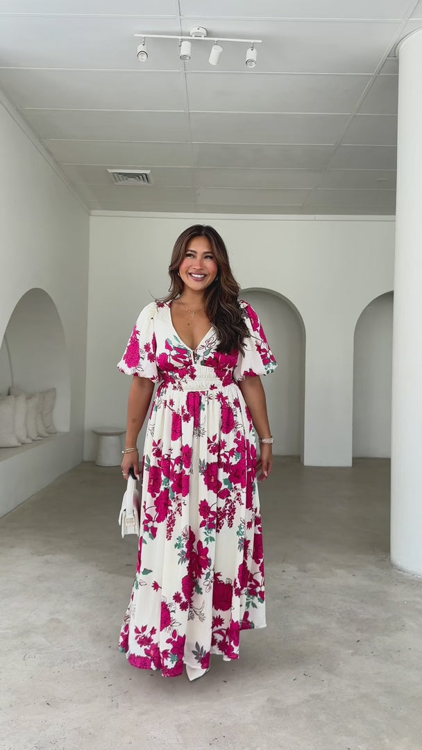 Monique Puff Sleeve Maxi Dress -  Cream Pink Floral
