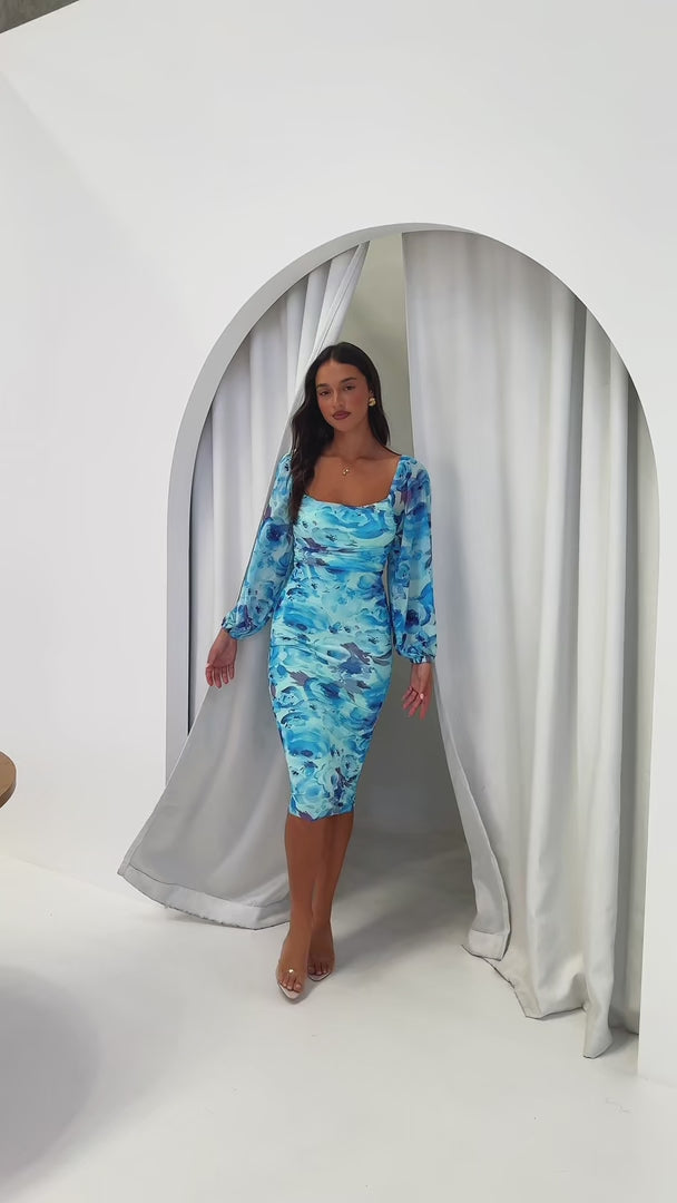 Eunice Mesh Midi Dress - Blue Floral