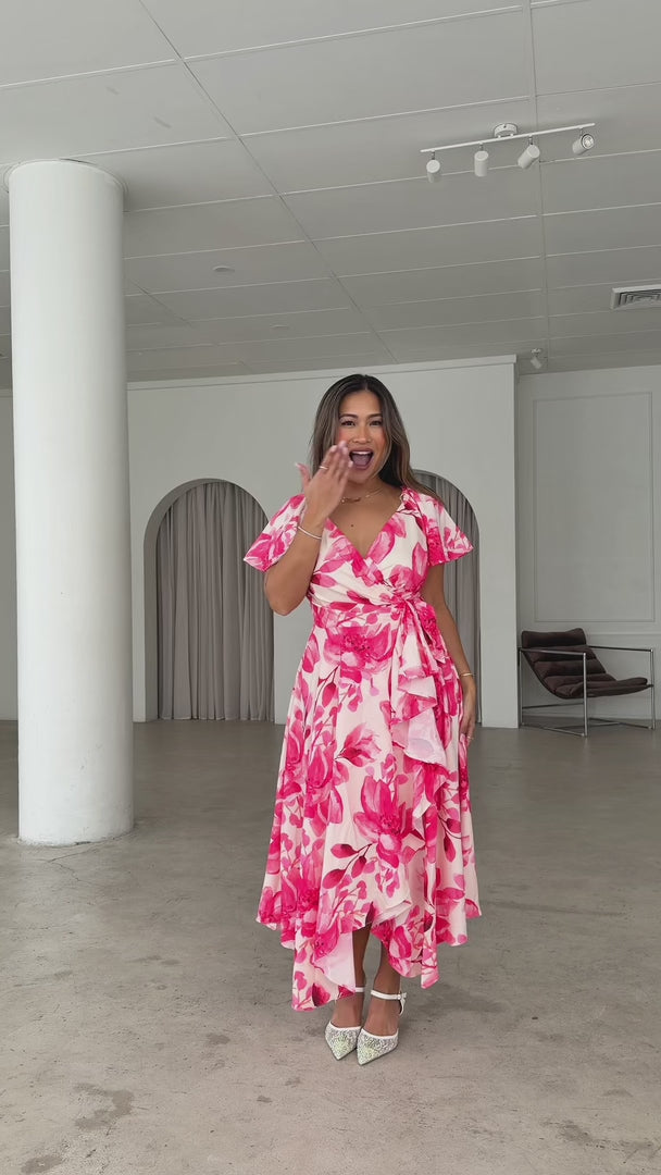 Rossetti Short Sleeve Wrap Maxi Dress - Cream Pink Floral