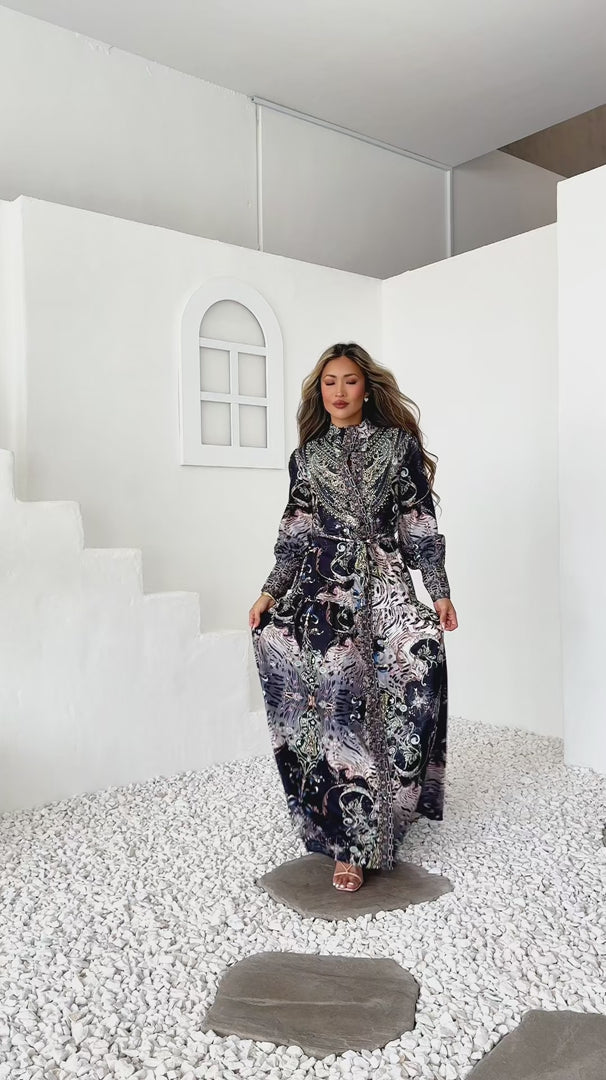 Sahara Night Sky Long Sleeve Maxi Dress -  Black Multi Print