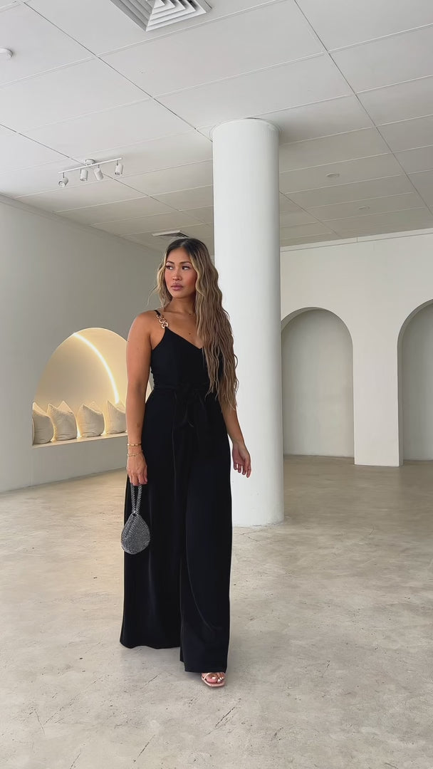 Diaz Shirred Back Panel Wide Leg Jumpsuit - Black