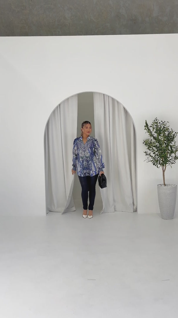 Maysa Gem Embellished Shirt Blouse - Blue White Floral