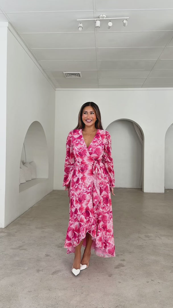 Odette Long Sleeve Wrap Maxi Dress - Pink Floral