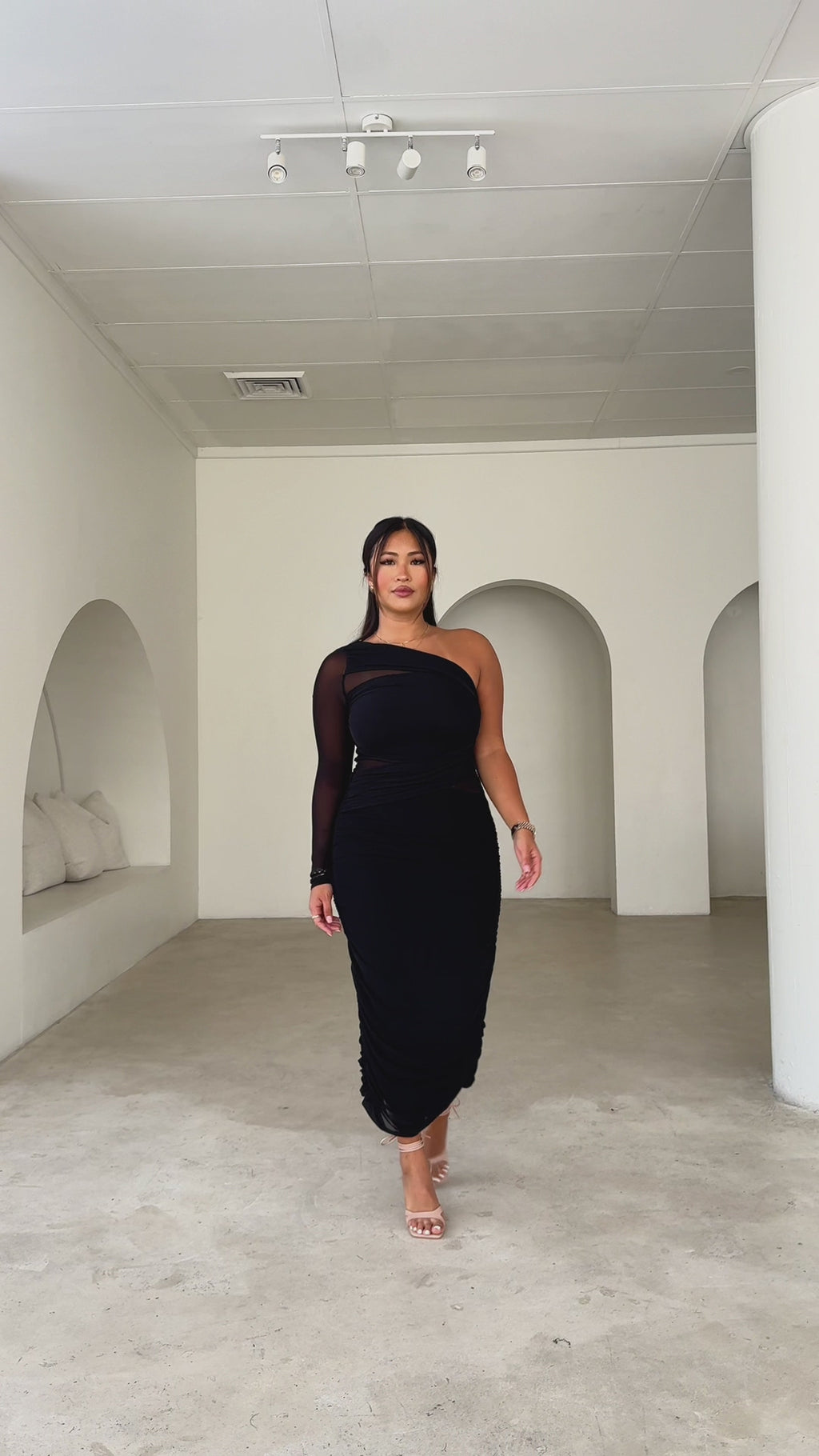 Isola Long Sleeve Mesh Midi Dress - Black